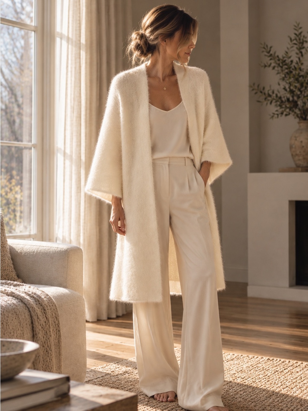 Joan Vass  New York Ivory Fuzzy Longline Cardigan | Size M